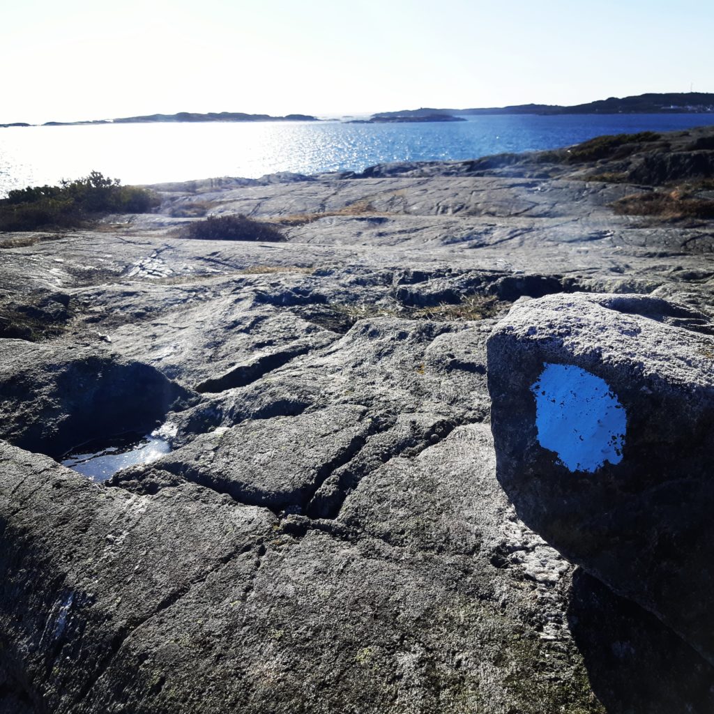 Fargen langs kyststien er blå både på havet og steinen