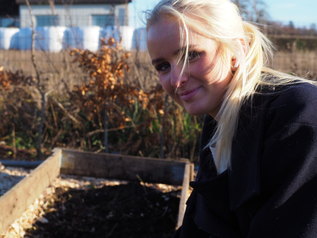Jente med blondt hår har jobber med tulipaner i Brunlanes